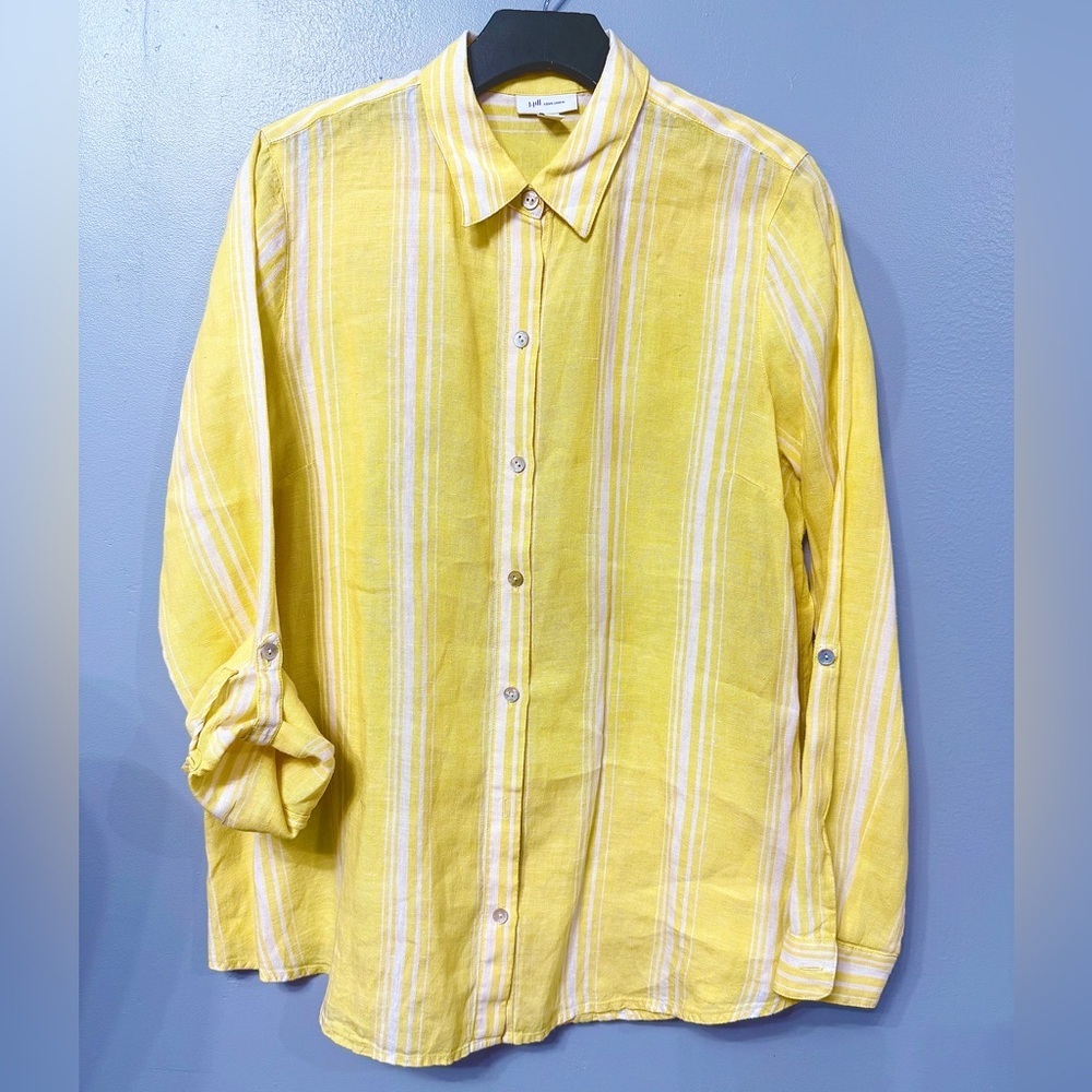 #12)  J. Jill Love Linen Yellow and White Striped Casual Shirt